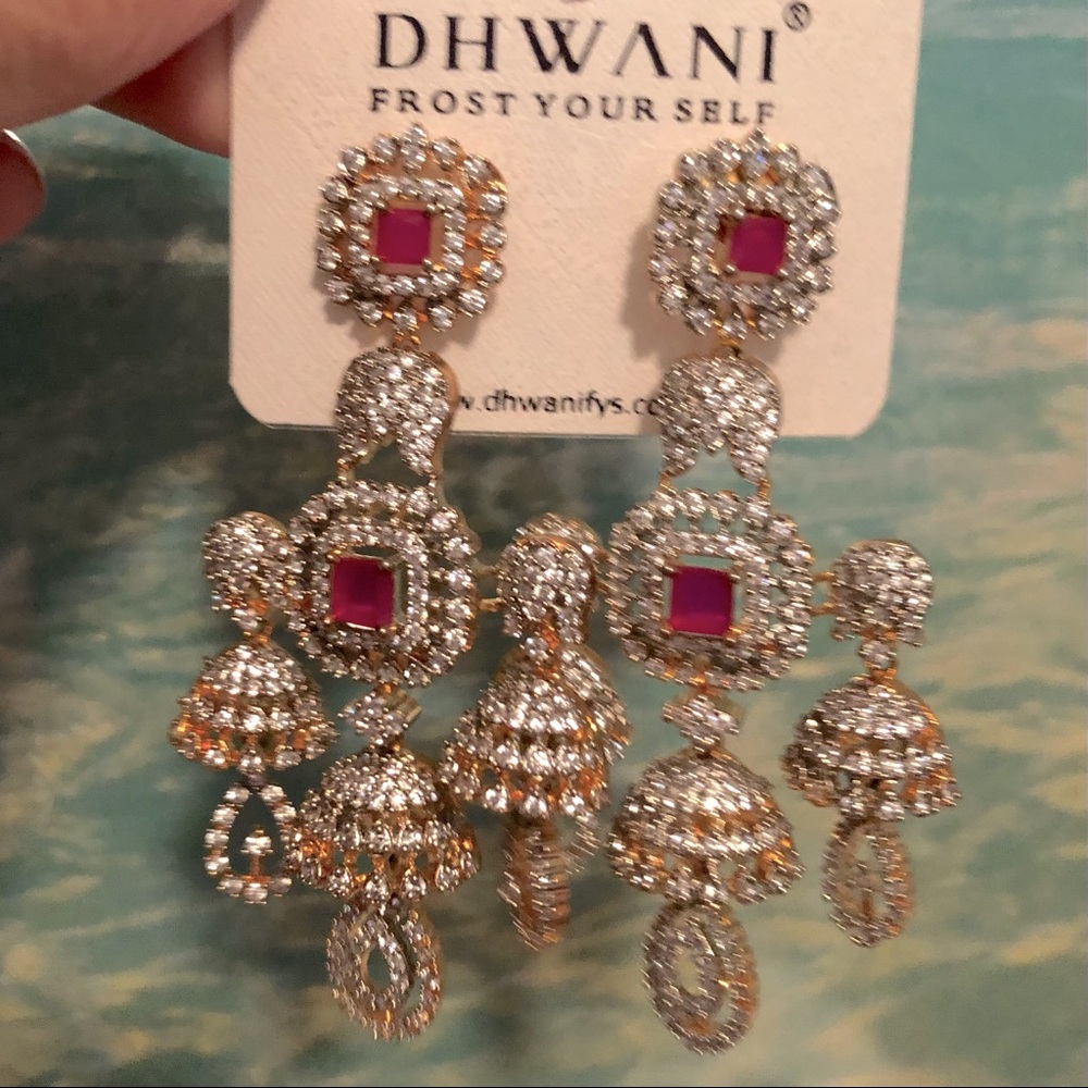 Dangle Earrings Imported from India~ Red Stones Surrounded by Rhinestones~NEW